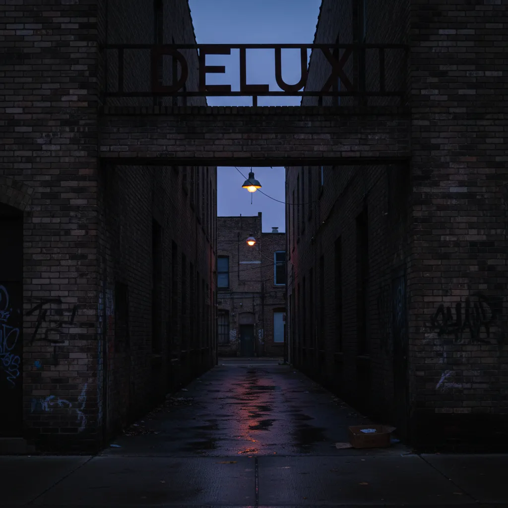Exterior alley entrance with Delux signage and Detroit brick textures at dusk.