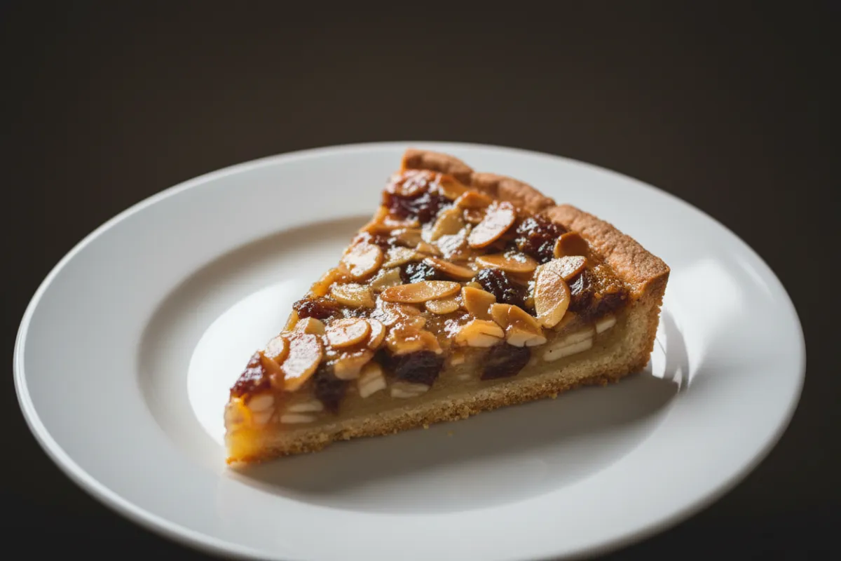 Almond & date tart slice on a minimalist plate.
