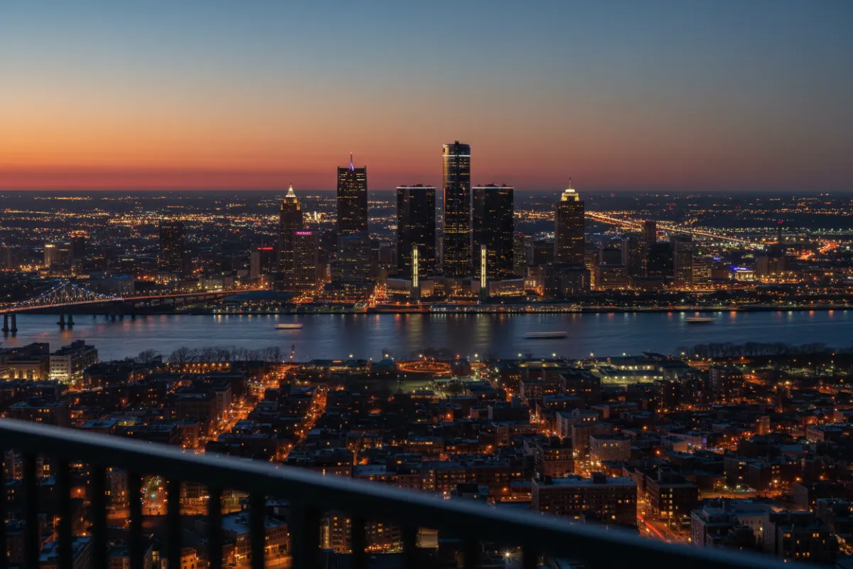 Detroit skyline at twilight visible from the venue, with shimmering city lights.