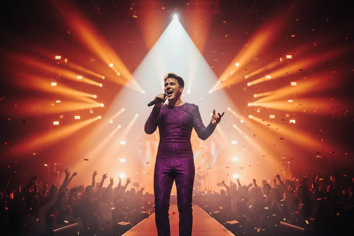 Performer on stage singing into a microphone under colorful lights