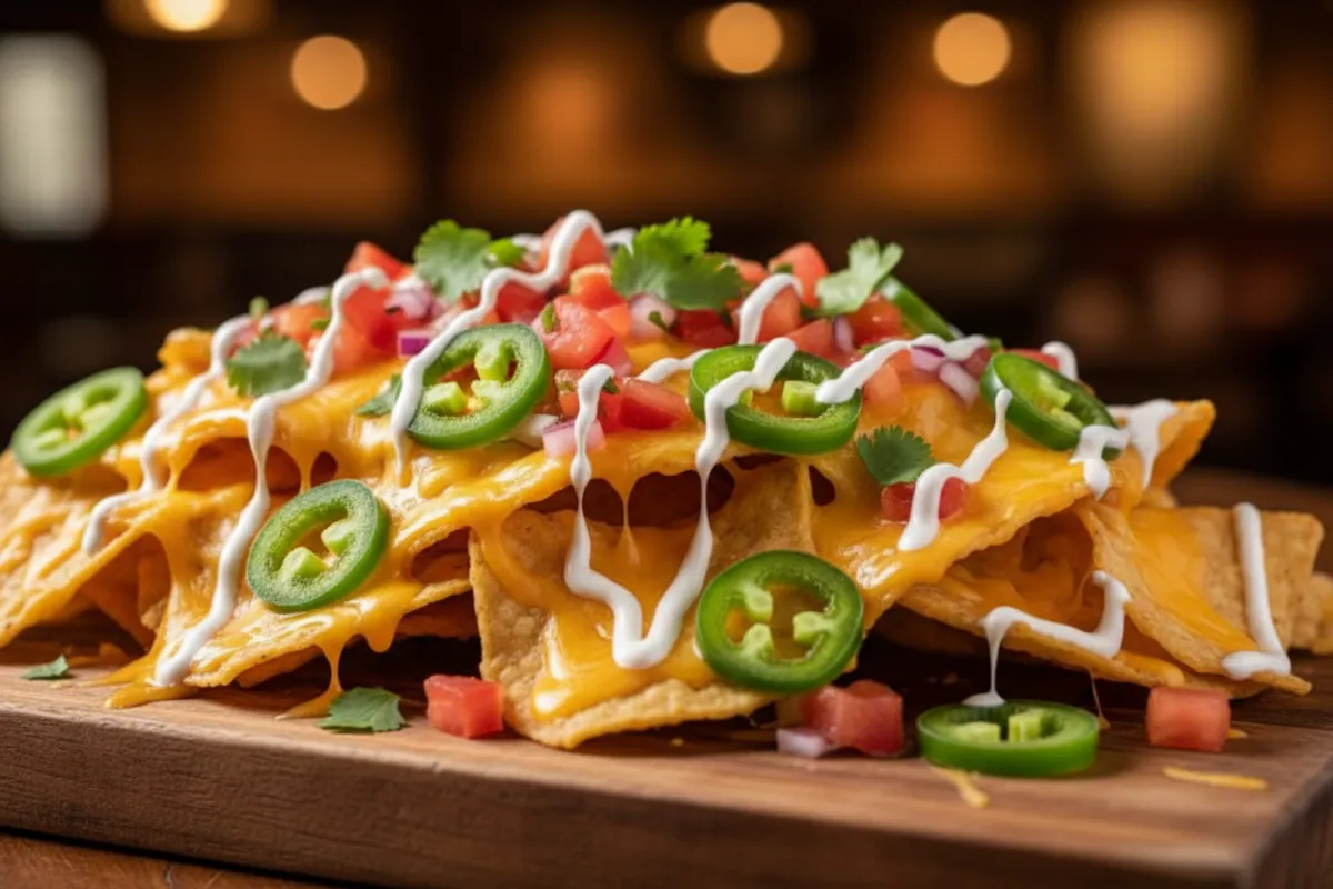 Spicy nachos topped with melted cheddar, sliced jalapeños, pico de gallo, cilantro, and crema on a wooden board