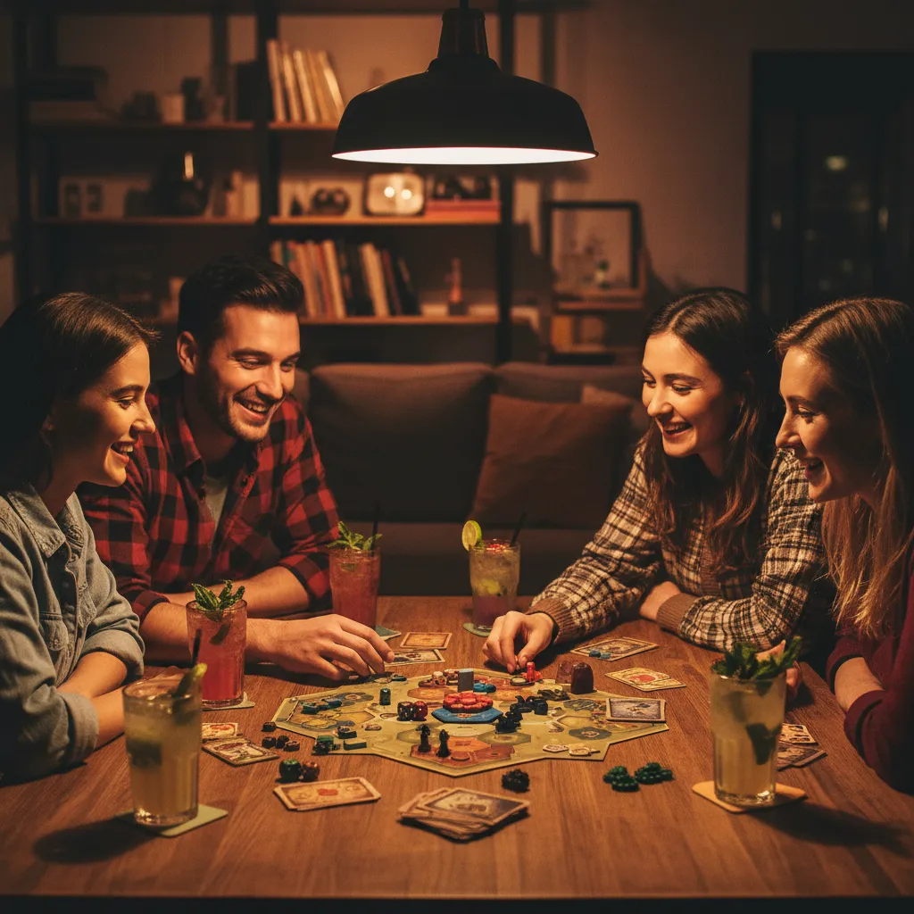 Friends playing a tabletop game with cocktails in frame, warm social scene.