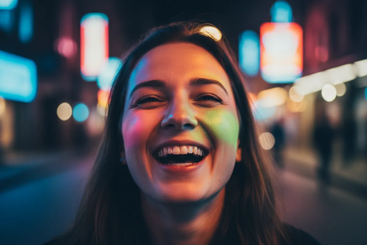 Candid portrait of a guest laughing with neon reflections, 3:2 UGC tile.