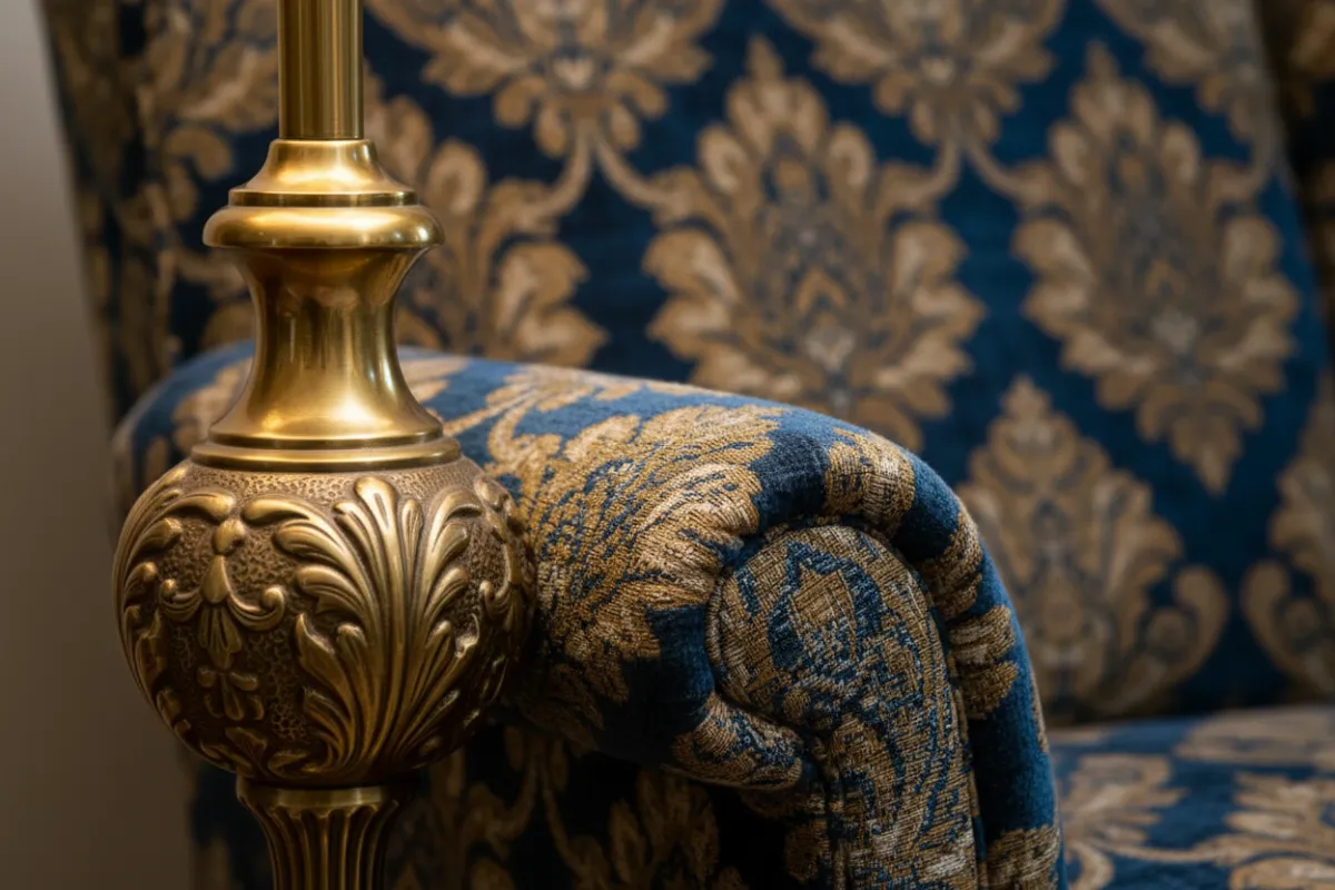 Decorative brass lamp and patterned upholstery detail, 3:2 UGC tile.
