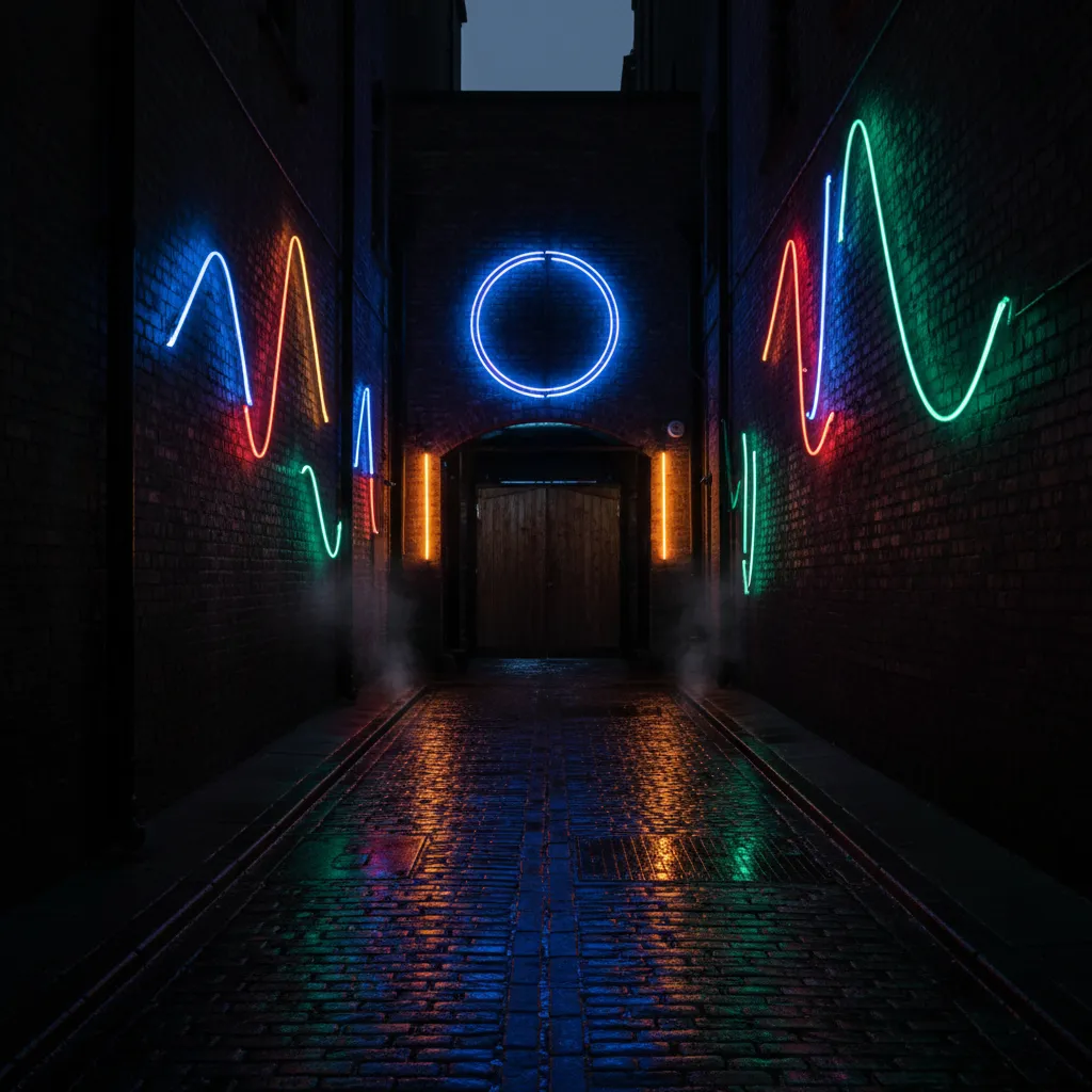 Exterior neon-lit alley approach to the venue at dusk with brickwork and signage, moody urban feel.