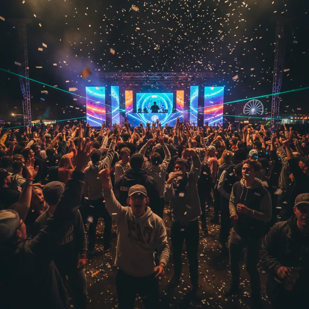 Crowd enjoying a live DJ with hands raised, energetic composition showing movement and community.