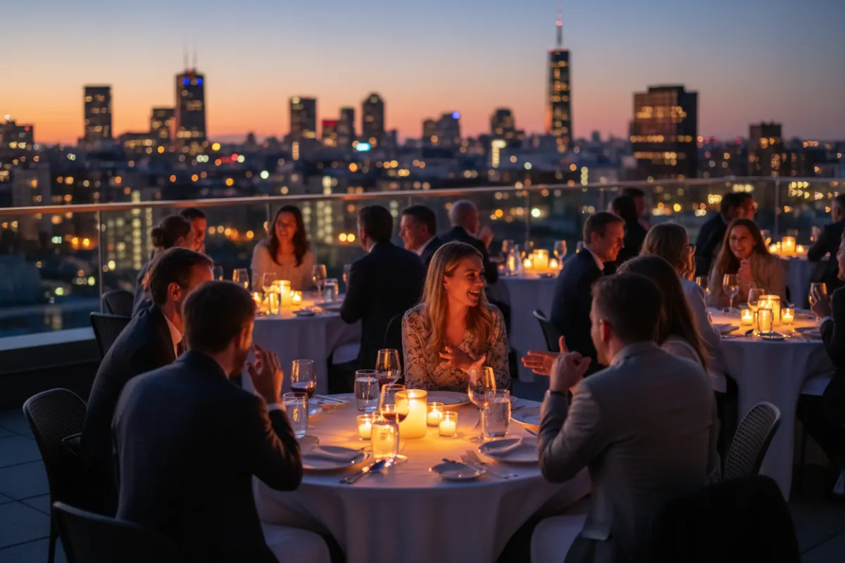 Rooftop tables lit by candles with a skyline backdrop and guests in mid-conversation.