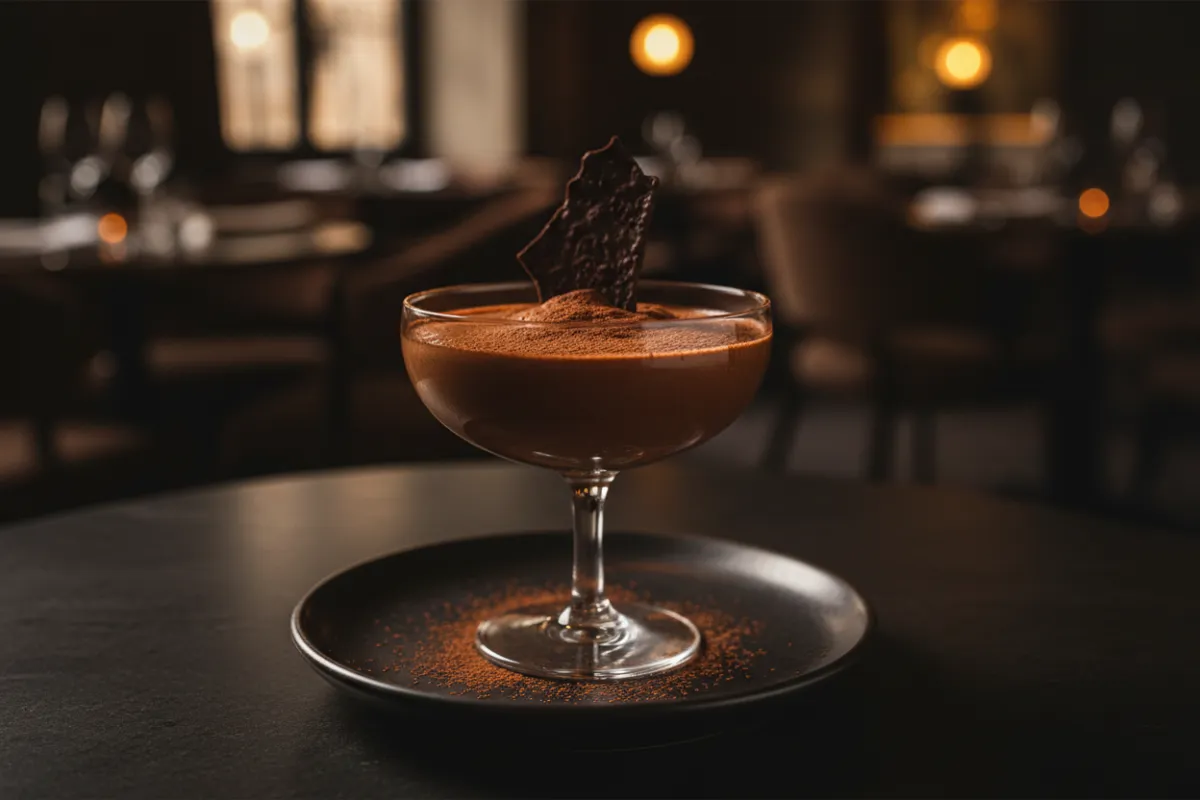 Chocolate mousse in a coupe glass with cocoa dusting and chocolate shard garnish.