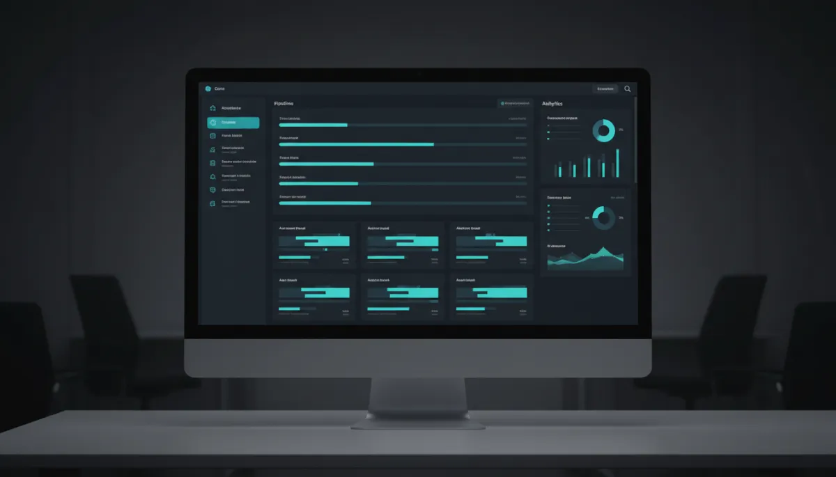Custom CRM interface mockup showing pipeline, accounts, and analytics dashboards.