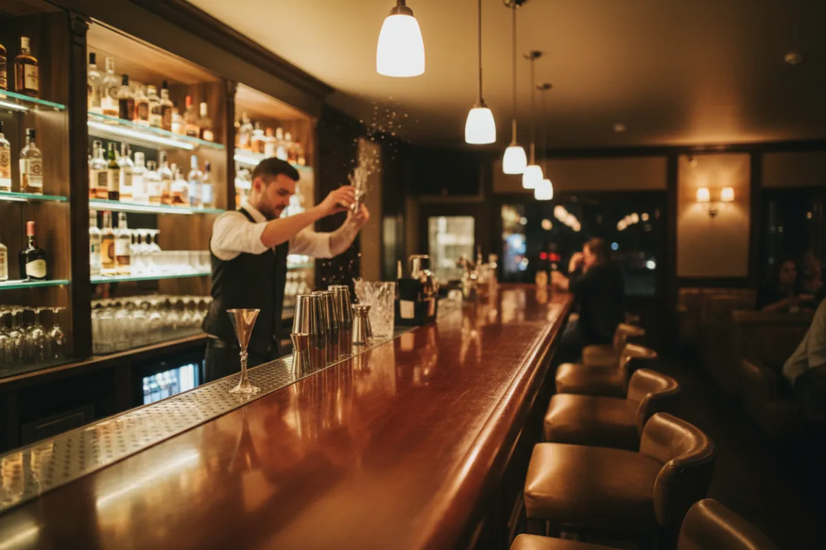 Delux Bar interior with warm lighting and polished wood bar