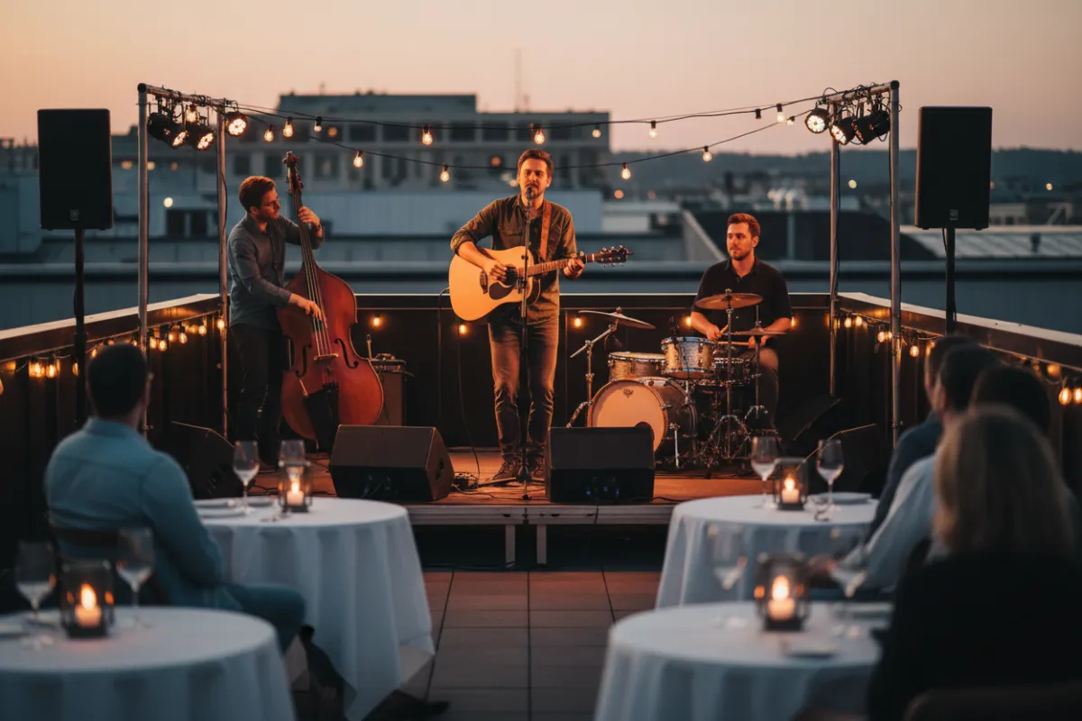 Three-piece band performing on a rooftop stage with warm amber lights