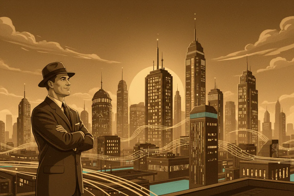 A sepia-toned, cinematic 1950s-style illustration of a confident business owner standing at the edge of a glowing, stylized AI cityscape. The skyline features vintage sci-fi towers, warm amber lights, and subtle teal accents, evoking optimism and calm. The composition is wide, with soft grain and a nostalgic, poster-like feel.