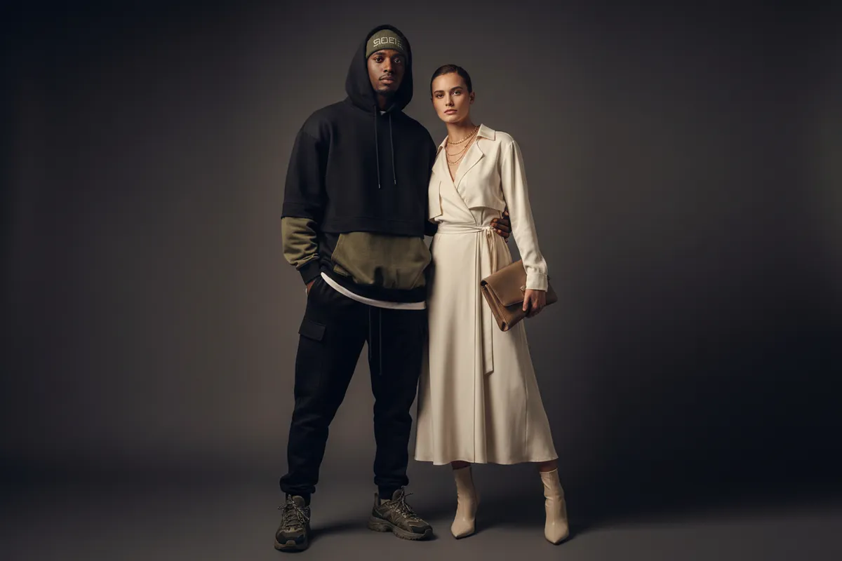 Couple with opposite fashion styles laughing together
