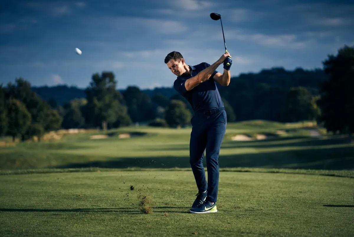 DRAFT PLACEHOLDER: Golfer following through smoothly on sunny fairway - temporary visualization