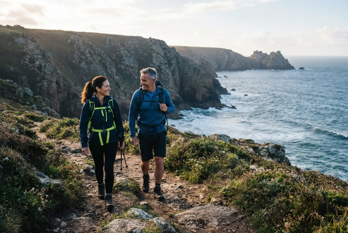 DRAFT PLACEHOLDER: Active couple hiking along scenic coastal trail - temporary visualization