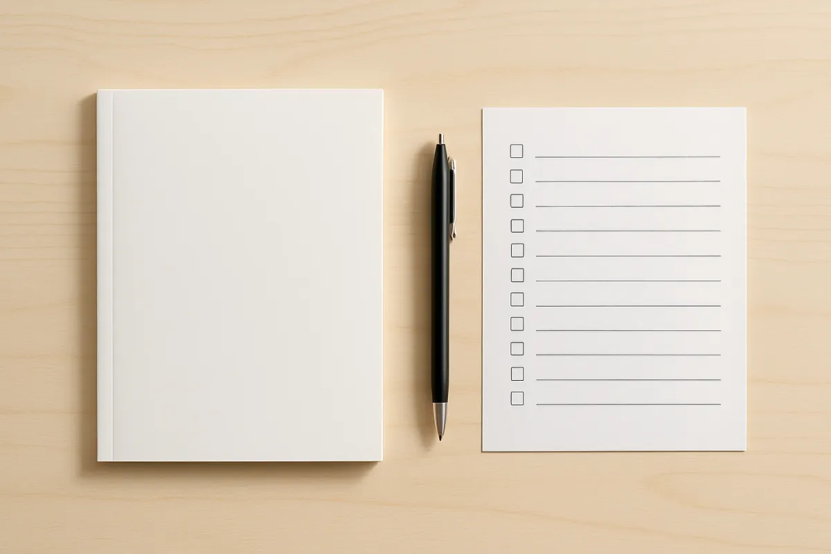 Flat-lay photo of coaching materials with a workbook, pen, and checklist on a light wooden surface.