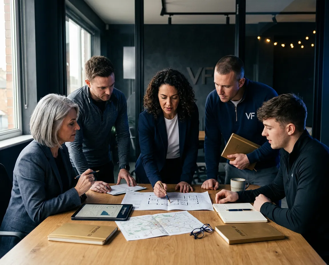 Collaborative executive team discussing franchise strategy around a wooden boardroom table