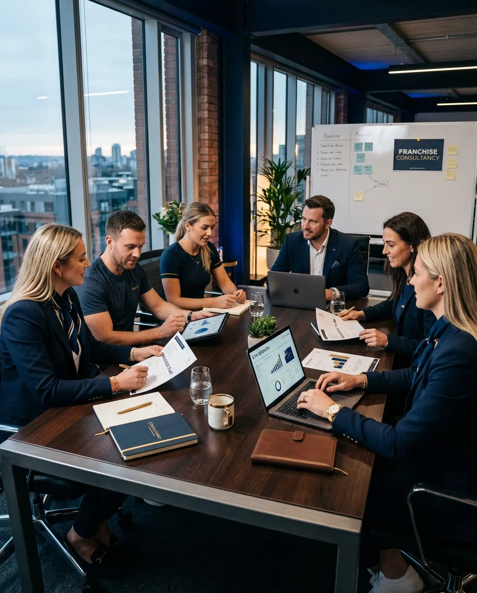 Executive consultancy team meeting discussing UK franchise expansion strategy