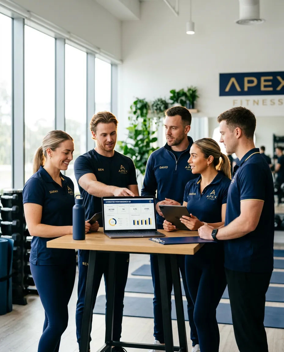 Professional fitness studio team reviewing operator performance metrics