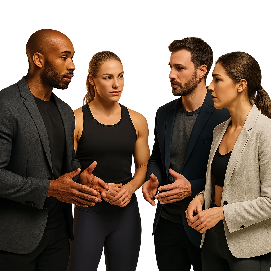 Small leadership team meeting in a premium fitness studio setting