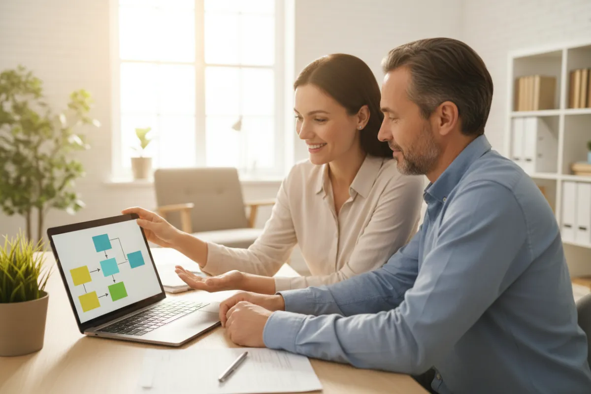 A friendly consultant, early 30s, sits with a small business owner in a sunlit office, both reviewing a simple, colorful flowchart on a laptop. The consultant gestures reassuringly, emphasizing clarity and support. The environment is calm and welcoming, reducing any sense of intimidation.