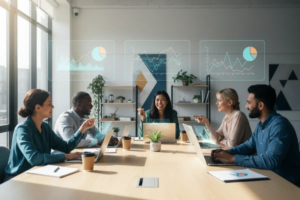 A diverse team of small business employees, mid-action, collaborate around a table with laptops and digital charts. The workspace is bright and organized, with visible signs of efficiency and teamwork. The mood is energetic and positive, highlighting the benefits of automation.