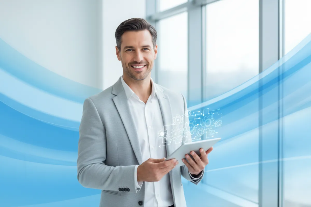 A confident small business owner, mid-30s, stands in a bright, modern office, holding a tablet with a subtle digital overlay suggesting automation. The background features soft blue gradients, evoking a sense of innovation and trust. The subject is smiling, conveying optimism and approachability.