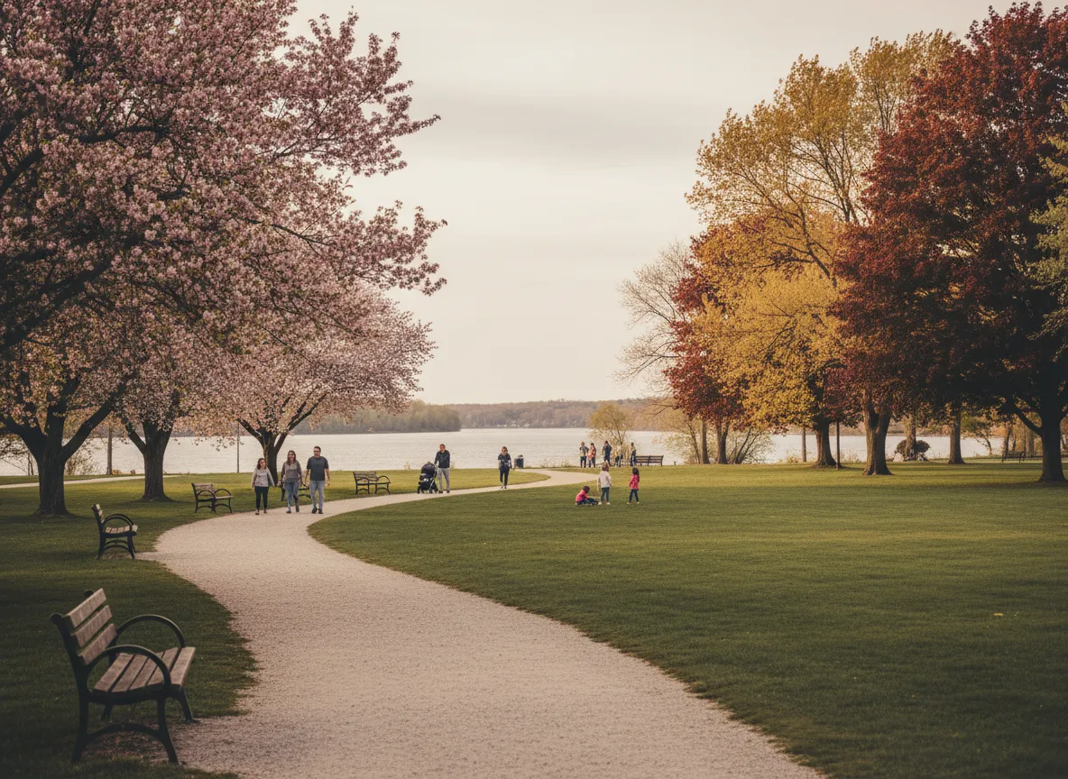 Park and walking paths in Methuen, Massachusetts during a New England season