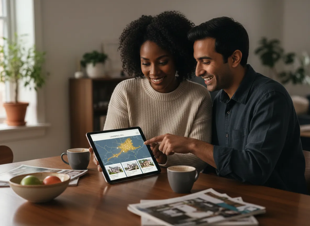 Couple reviewing Lawrence MA home listings on a tablet