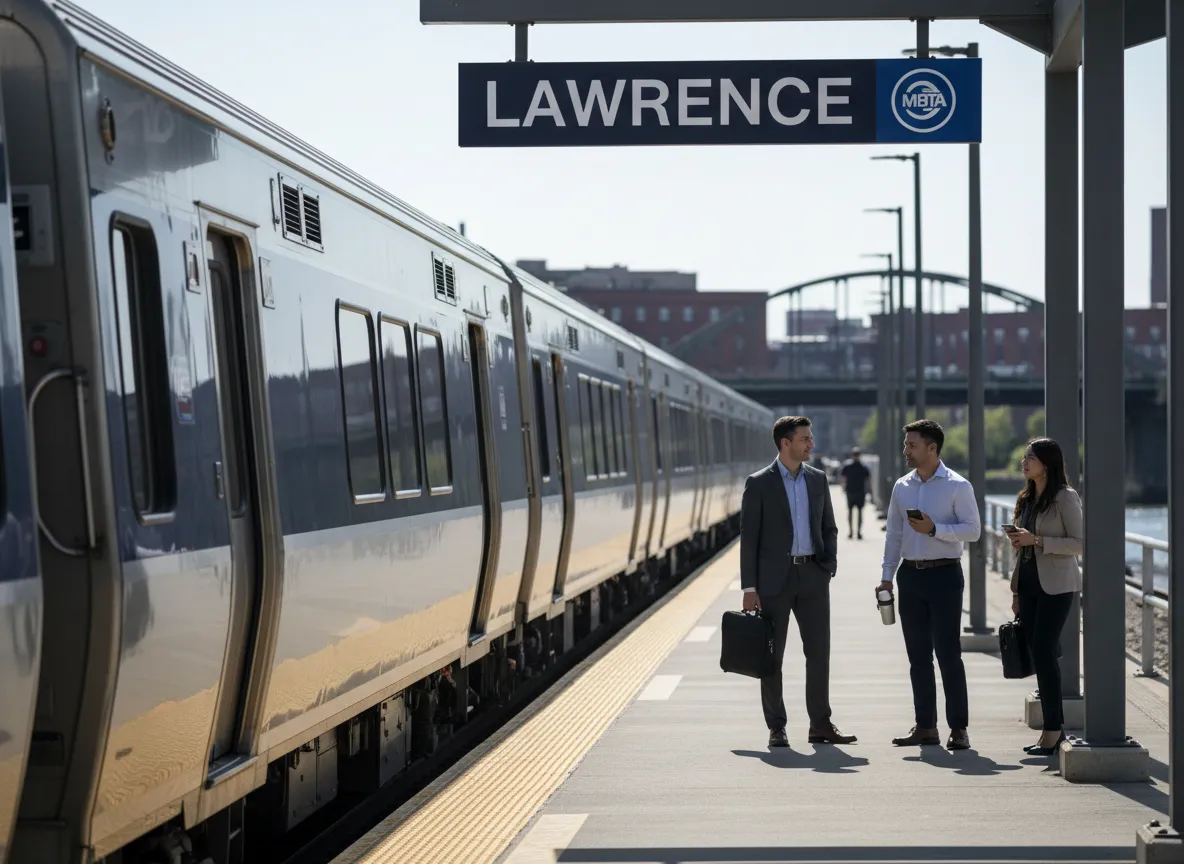 Lawrence MA commuter rail station platform with train