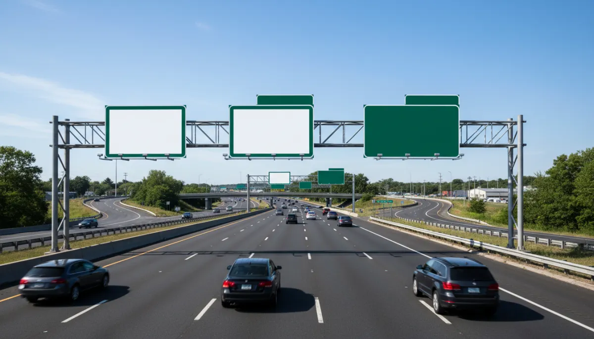 Highway interchange and road signs representing commuting routes from Methuen, MA