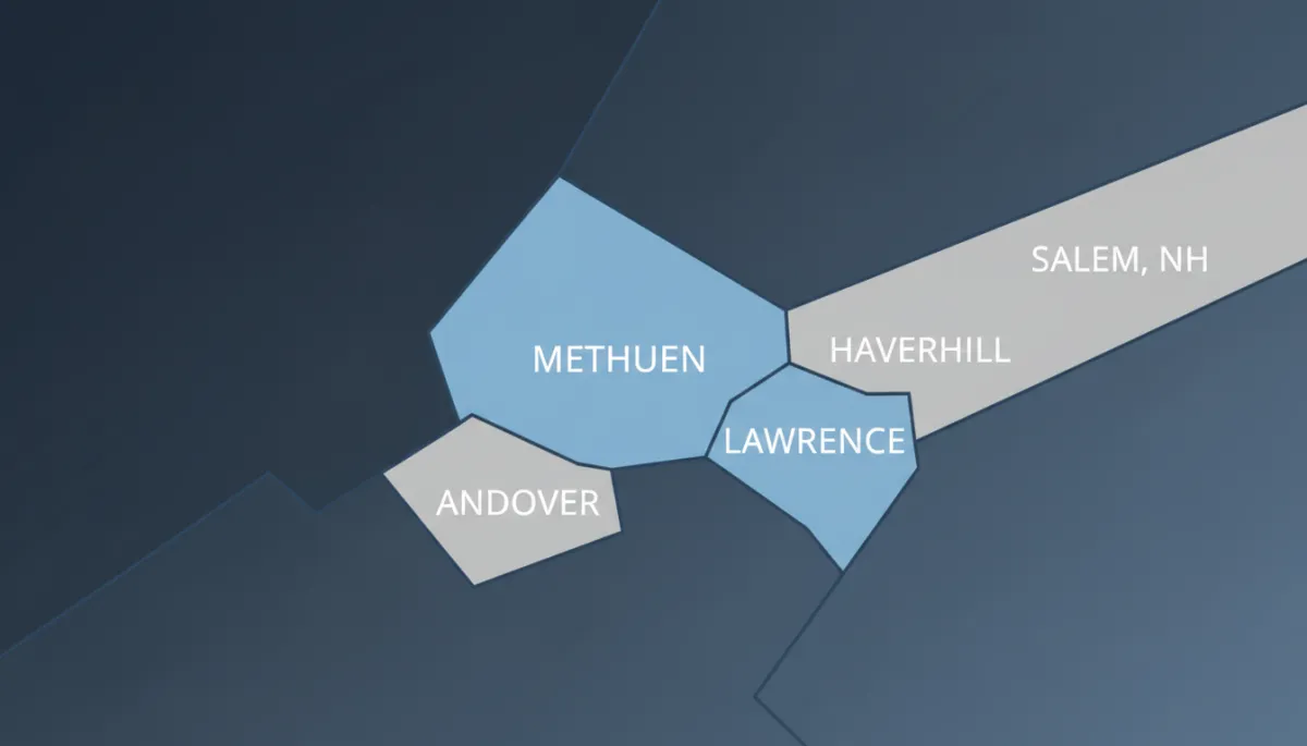 Regional map showing Methuen, MA and nearby communities in the Merrimack Valley and southern New Hampshire