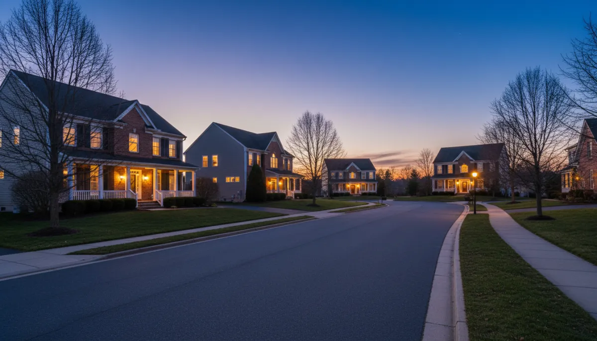 Methuen, MA neighborhood at dusk with lights on in homes and a calm suburban street