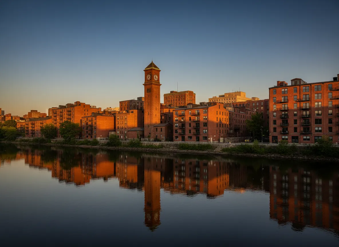 Downtown Lawrence MA mill buildings and Merrimack River