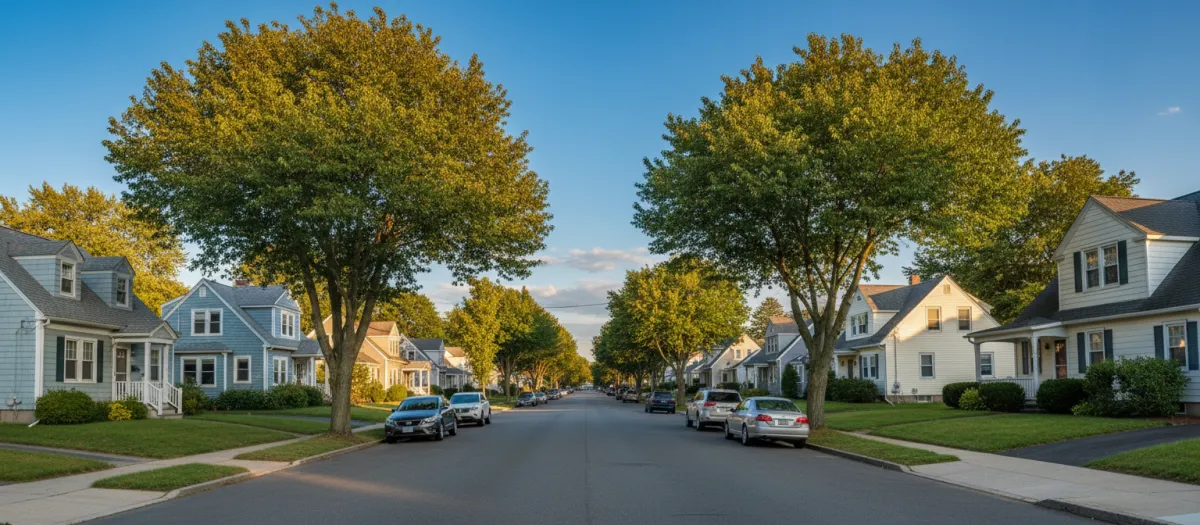 Residential street scene in Methuen, MA with New England-style homes and trees