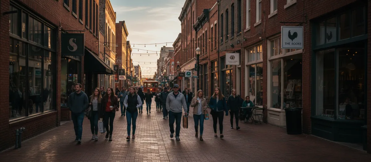 Downtown Lawrence MA street with restaurants and local businesses