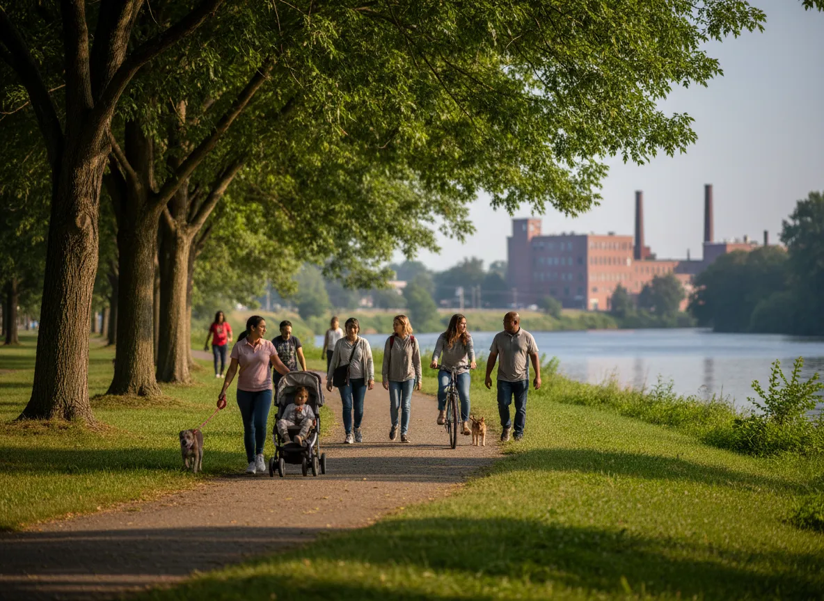 Lawrence MA park and green space with people walking