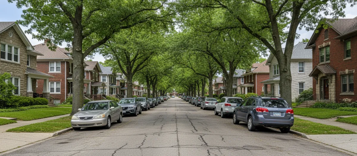 Residential street in a Lawrence MA neighborhood with parked cars and trees
