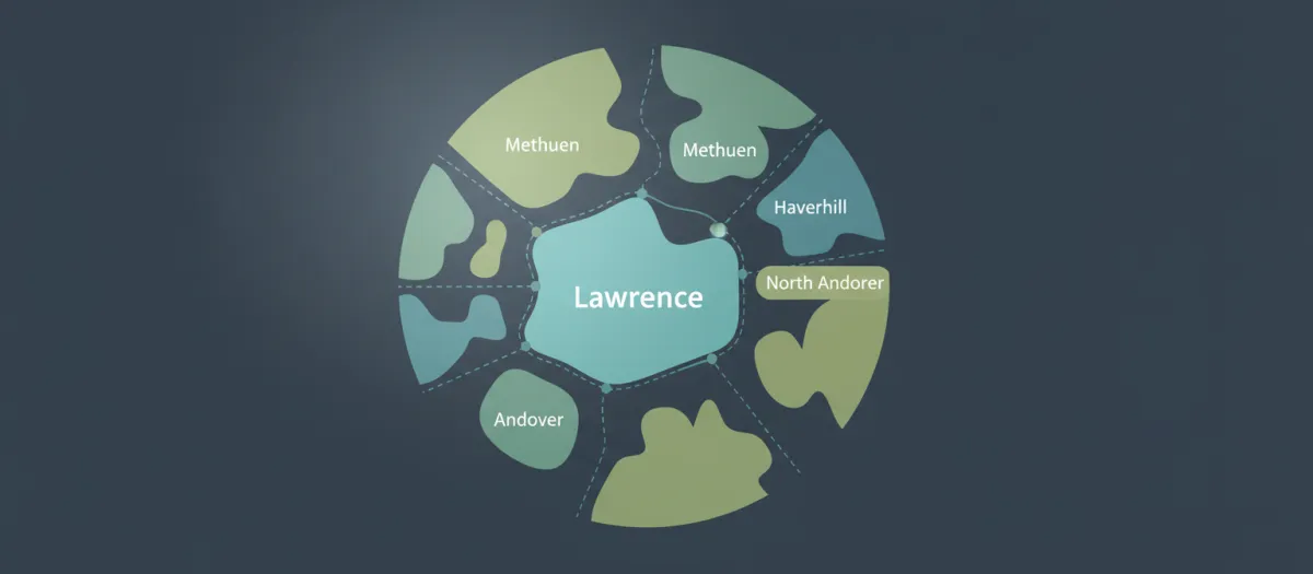 Map-style graphic showing Lawrence MA and nearby Merrimack Valley communities