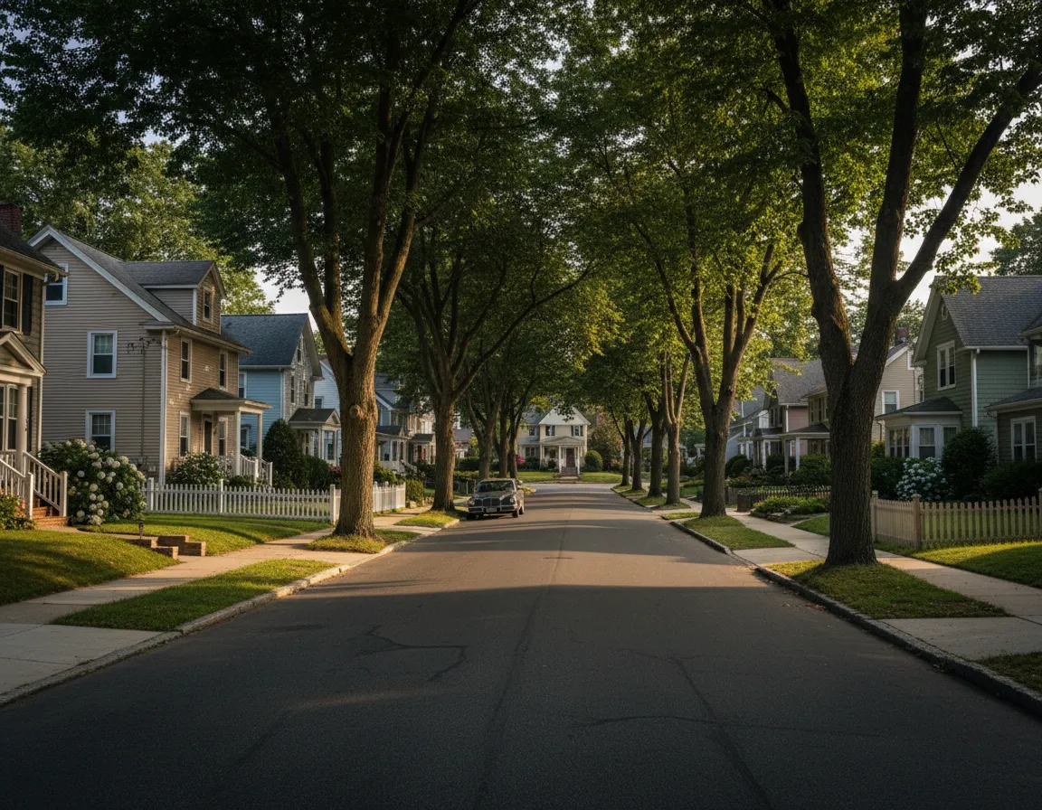 Residential neighborhood street in Methuen, MA with sidewalks and family homes