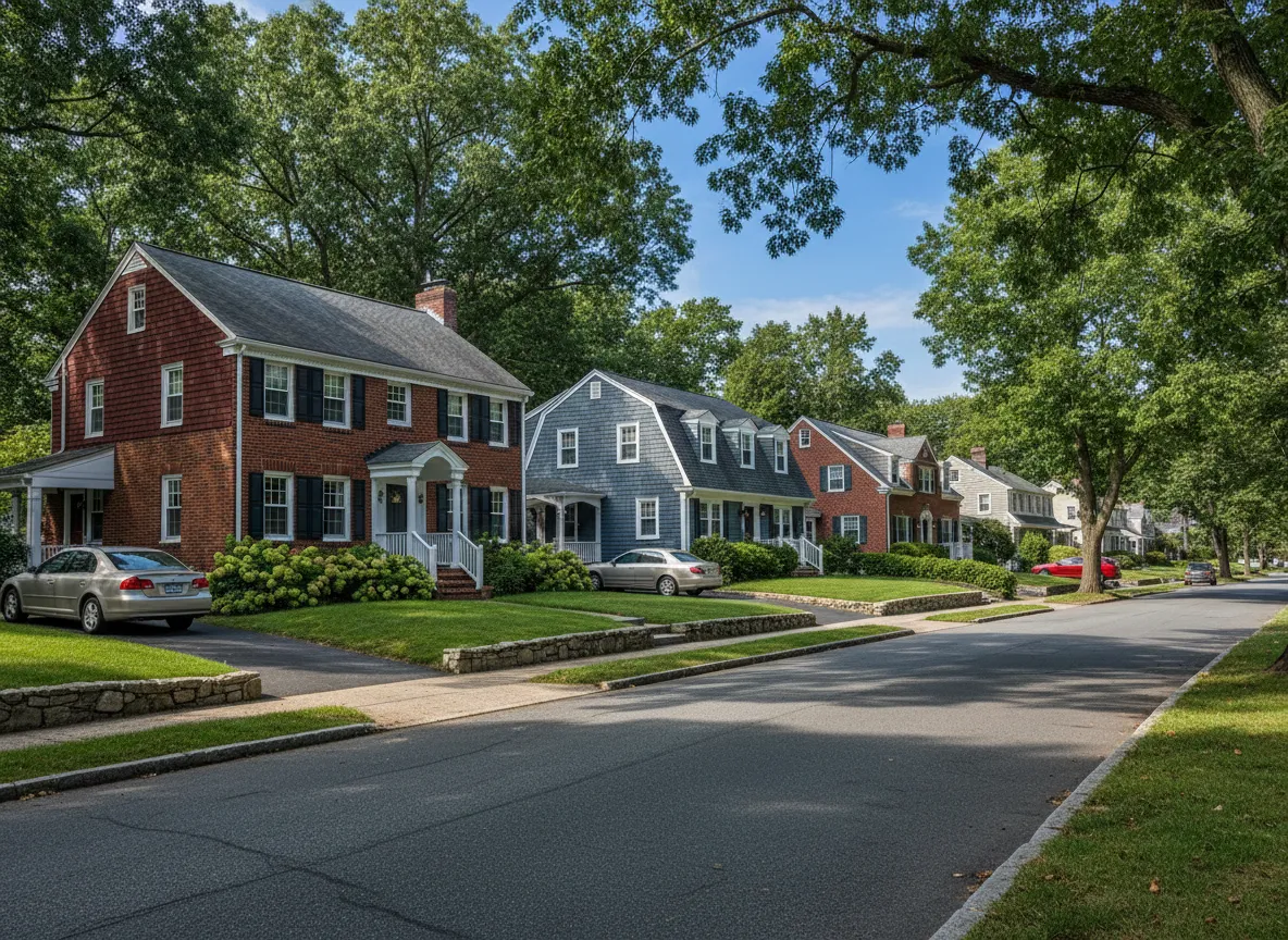 Single-family homes in a Methuen, MA neighborhood on a quiet residential street