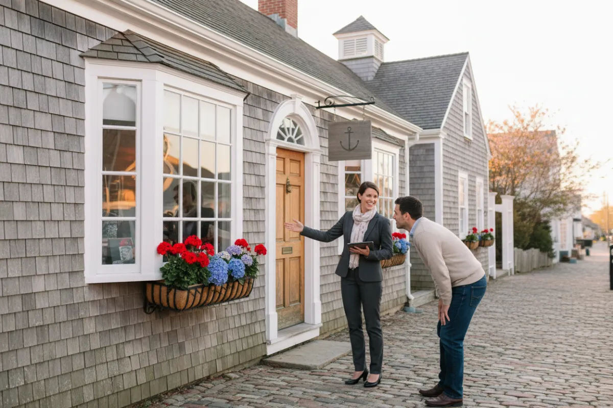 Agent talking outside a small Newbury, MA storefront in natural daylight, showing coastal New England architecture and warm, candid atmosphere