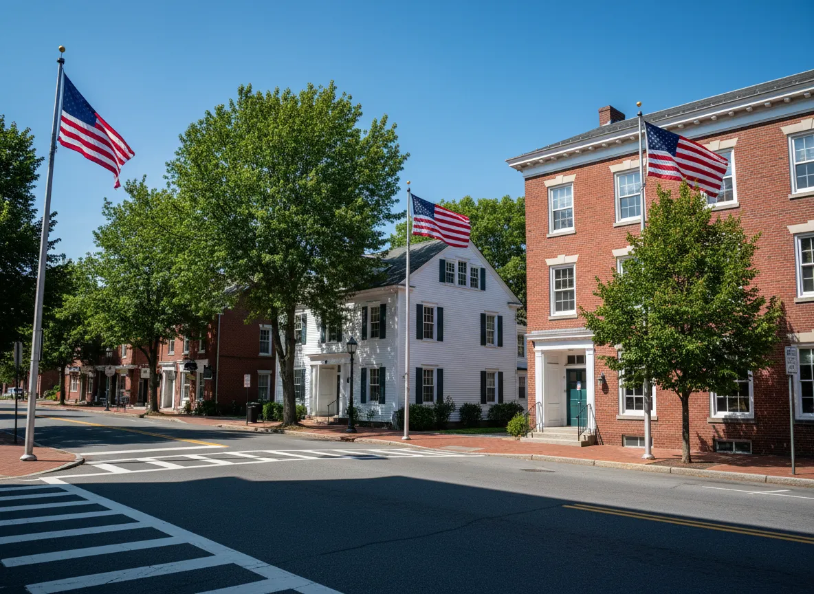 Town center style view in Methuen, Massachusetts with local buildings and streetscape