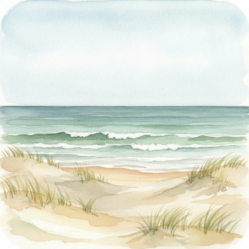 Watercolor style illustration concept of Salisbury Beach Massachusetts dunes and ocean waves in summer