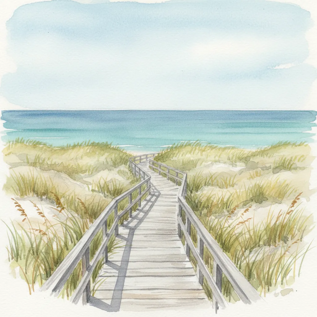 Watercolor scene of Salisbury Beach State Reservation dunes and boardwalk