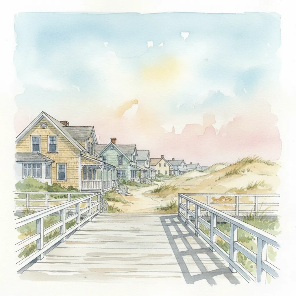Watercolor concept of Salisbury Beach boardwalk and coastal homes in New England style