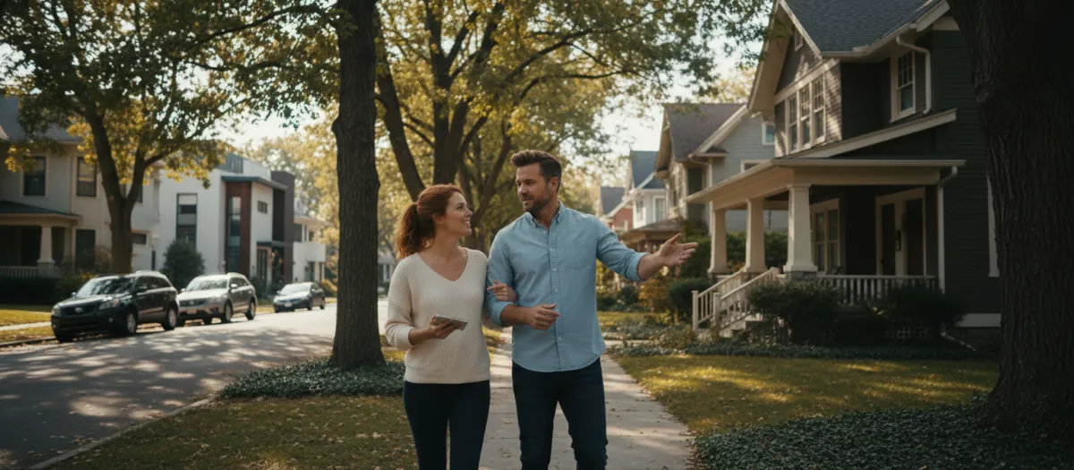 Prospective home buyers walking a residential street in Lawrence MA