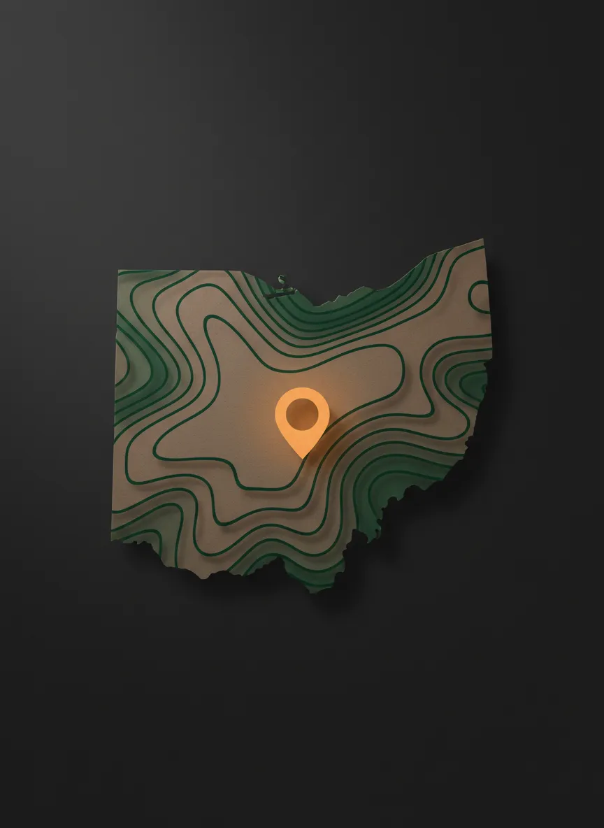 Stylized map of Buckeye Land Clearing service area in Southeastern Ohio