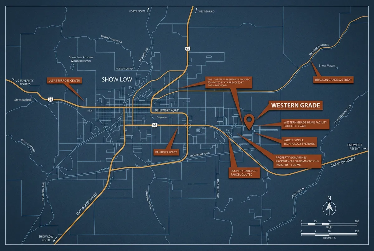 Technical blueprint schematic map showing Western Grade facility location in Show Low Arizona