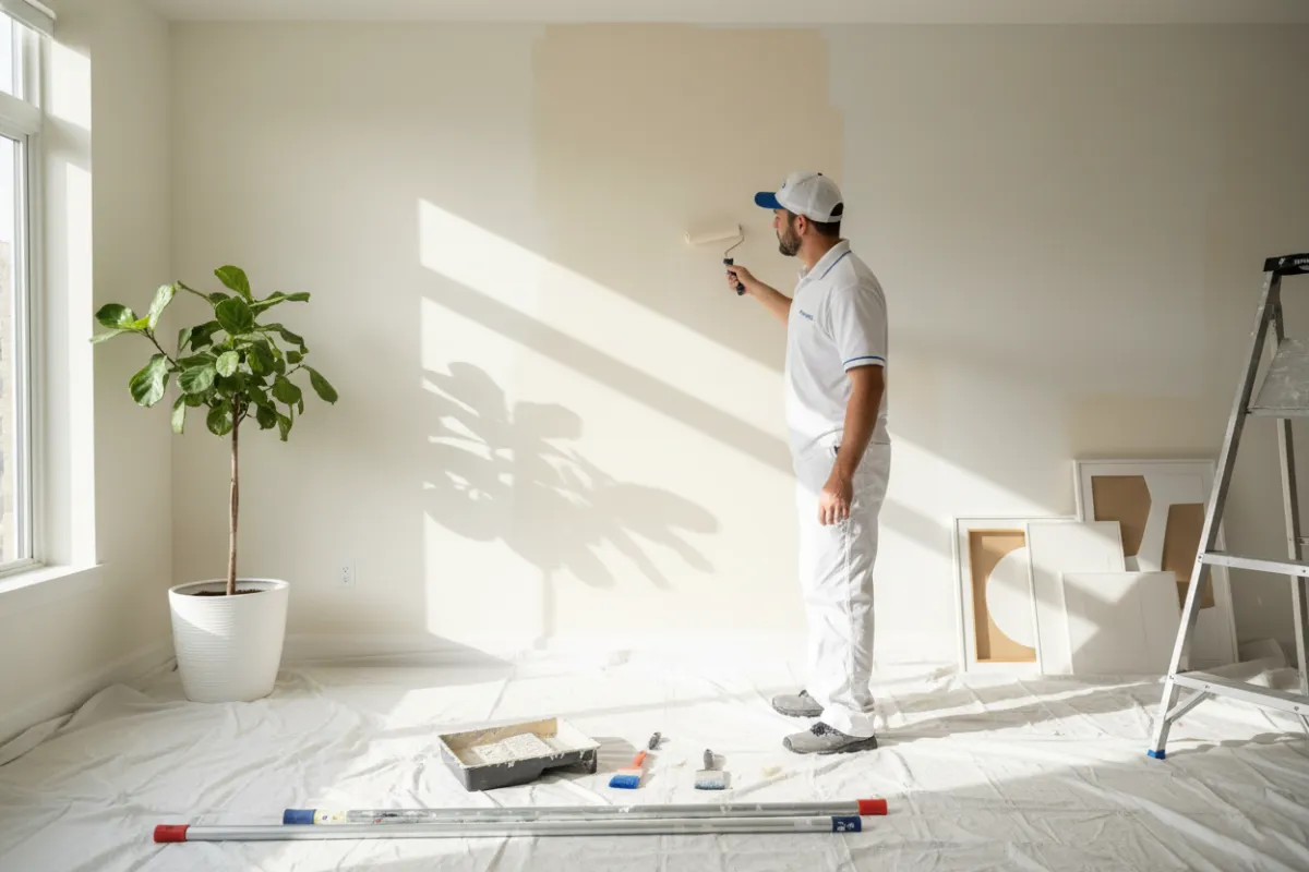 A professional painter in uniform carefully applying a fresh coat of paint to a sunlit living room wall, with clean drop cloths and modern tools visible, conveying attention to detail and a welcoming home environment.